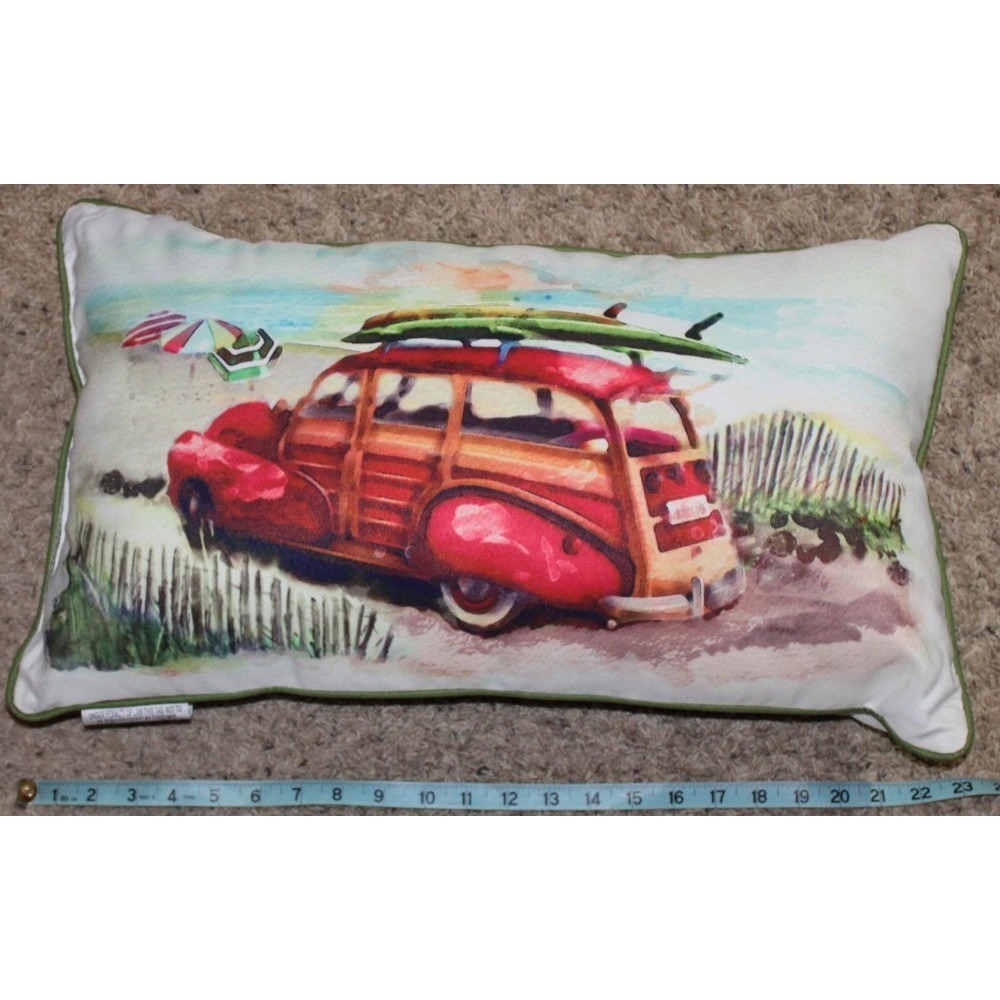 retro decorative pillow Woody surf wagon surfboards Spencer Enterprises (22x13)